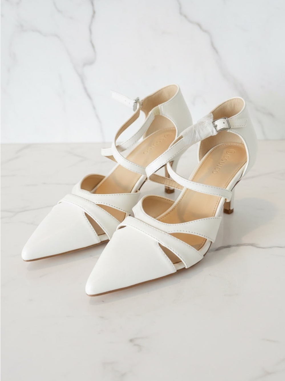 Pointed-Strap White Mid-Heel Sandals for Women